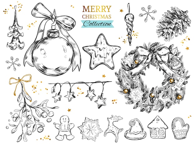 Vecteur joyeux noël avec des illustrations dessinées à la main