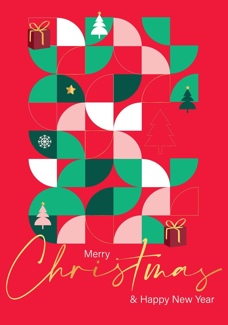 Vecteur joyeux noël et joyeuse année nouvelle affiche rouge avec un motif moderne