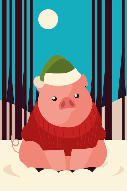 Joyeux Noël Mignon Cochon Avec Pull Chapeau Dans L'illustration De La Neige