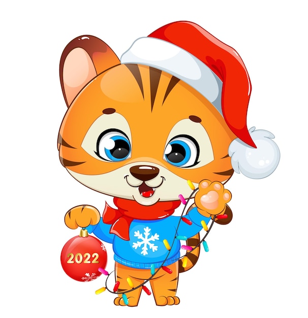 Joyeux Noël Mignon Petit Tigre En Bonnet De Noel Tenant Une Boule D'arbre De Noël Et Une Guirlande Colorée