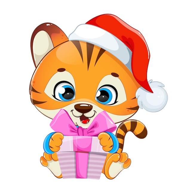 Joyeux Noël Mignon Petit Tigre Tenant Une Boîte-cadeau Personnage De Dessin Animé Bébé Tigre