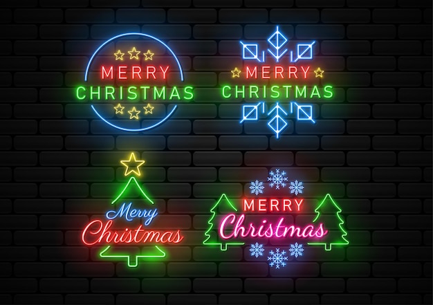 Joyeux noël néon avec pin et vecteur d'illustration de flocons de neige