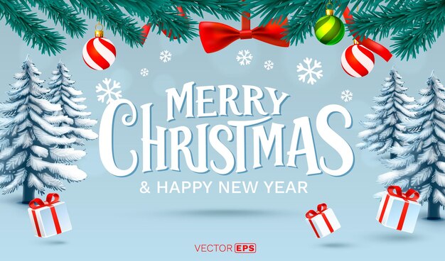 Joyeux Noël et Nouvel An avec arbre de Noël et illustration vectorielle de neige