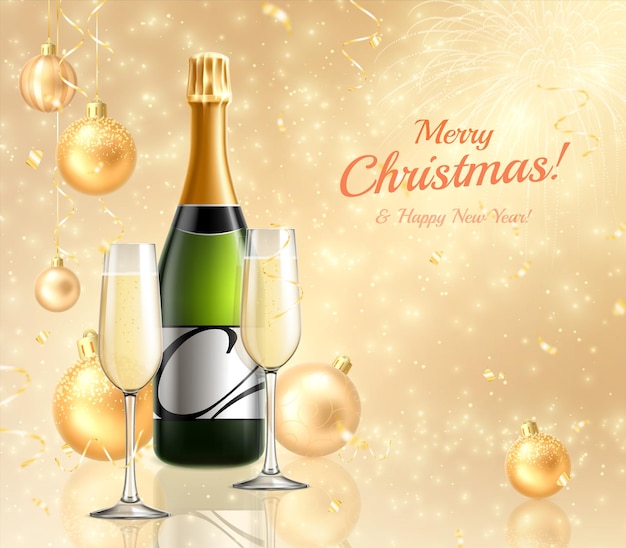 Joyeux Noël Et Nouvel An Carte De Voeux Avec Champagne Et Verres