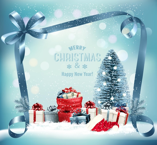 Joyeux Noël Et Nouvel An Fond De Vacances Avec Un Sac Rouge Plein De Cadeaux, Arbre De Noël Et Bonnet De Noel. Vecteur.