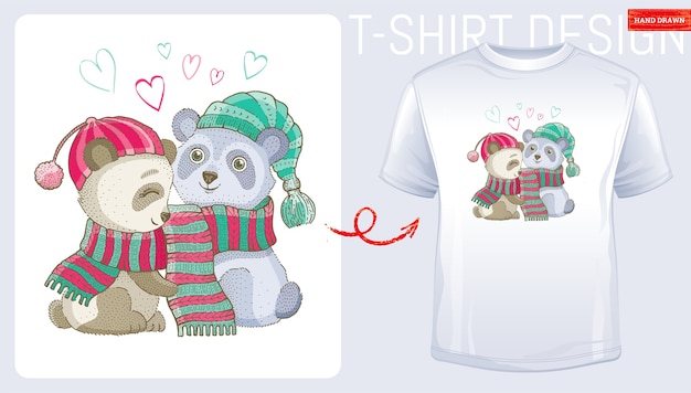 Joyeux Noël Panda Bear Couple. Conception D'impression De T-shirt D'hiver. Mode De Dessin Animé Mignon.