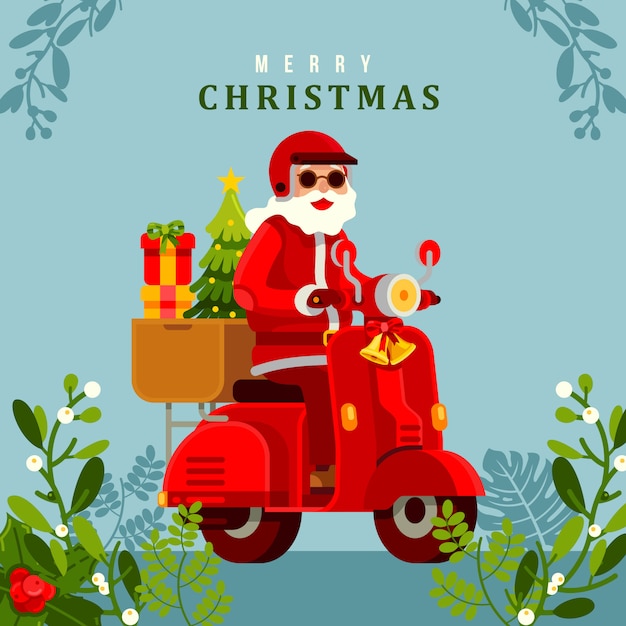 Vecteur joyeux noël père noël équitation scooter vector illustration