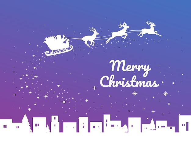 Joyeux Noël renne avec clipart silhouette de traîneau du Père Noël avec fond violet bleu stardust