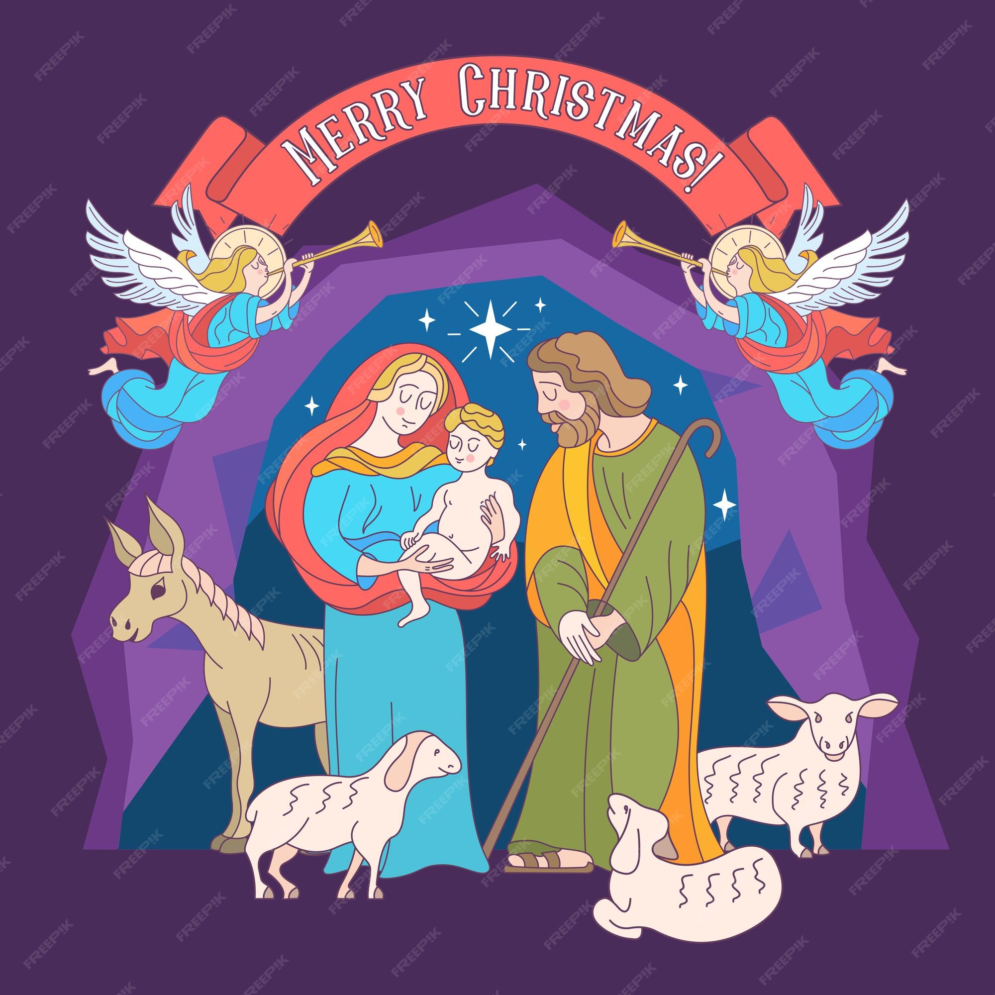 Joyeux Noël. La Sainte Famille. Vecteur Premium