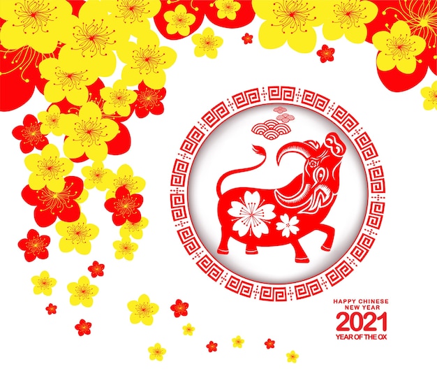 Vecteur joyeux nouvel an chinois 2021 avec le signe du zodiaque mignon de boeuf dans la conception de lanterne et de fleur de chine