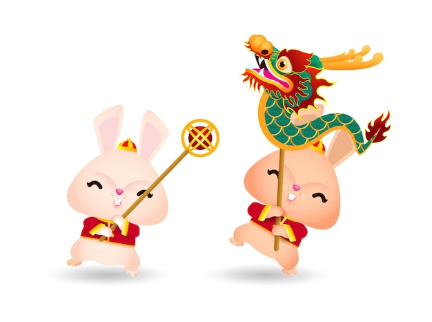 Joyeux Nouvel An Chinois 2023 Année Du Lapin, Petit Lapin Exécute La Danse Du Dragon, Gong Xi Fa Cai