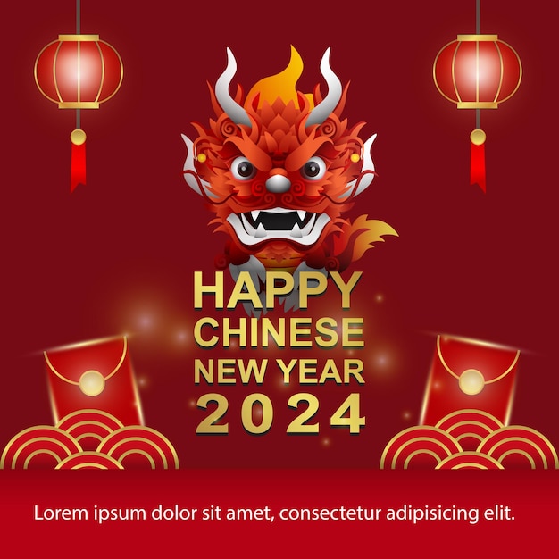Vecteur joyeux nouvel an chinois 2024 avec dragon chinois et éléments lunaires sur fond rouge