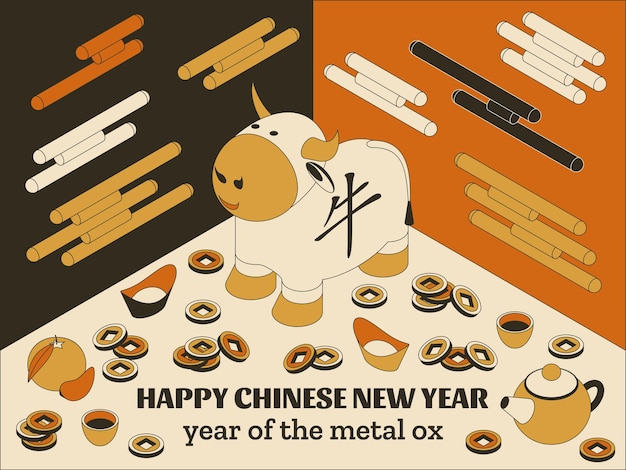Joyeux Nouvel An Chinois Avec Bœuf Blanc Créatif Et Lanternes Suspendues