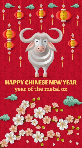 Joyeux Nouvel An Chinois Avec Bœuf En Métal Doré Créatif