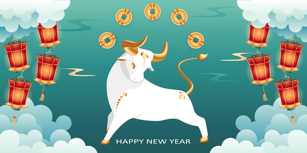 Joyeux Nouvel An Chinois Du Boeuf Symbole De L'année Avec Pièces De Monnaie Et Lanternes Taureau Blanc Avec Corne D'or
