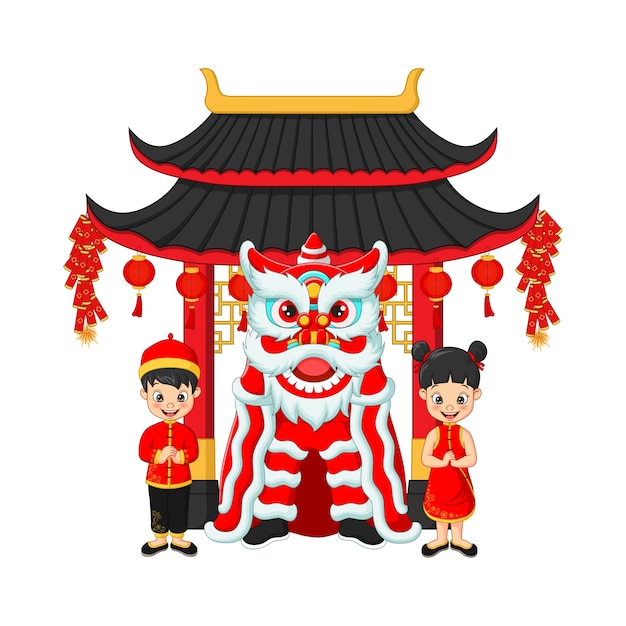 Joyeux Nouvel An Chinois Avec Les Enfants Et La Danse Du Lion Chinois