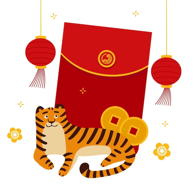 Vecteur joyeux nouvel an chinois avec un joli tigre allongé devant un paquet rouge de lanternes et de pièces isolées c...