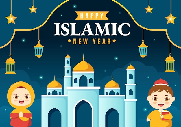 Joyeux Nouvel An Islamique De Muharram Illustration Vectorielle Avec Des Modèles D'arrière-plan Musulmans Pour Enfants