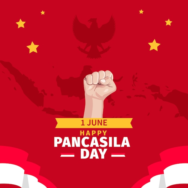 Joyeux Pancasila Day 1er Juin Avec Drapeaux Indonésie Ruban Fist Hand Garuda Vector Illustration