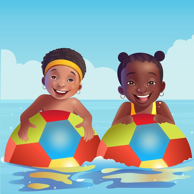 Vecteur joyeux personnage africain garçon et fille jouant au football dans l'eau pour la fête de la piscine pendant les vacances d'été