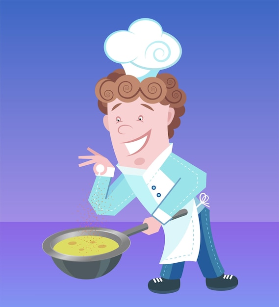 Un joyeux personnage de cuisinier cuisinant un plat délicieux, illustration vectorielle