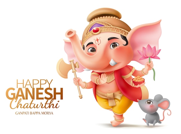 Vecteur joyeux personnage de ganesh chaturthi avec ganesha et mushika