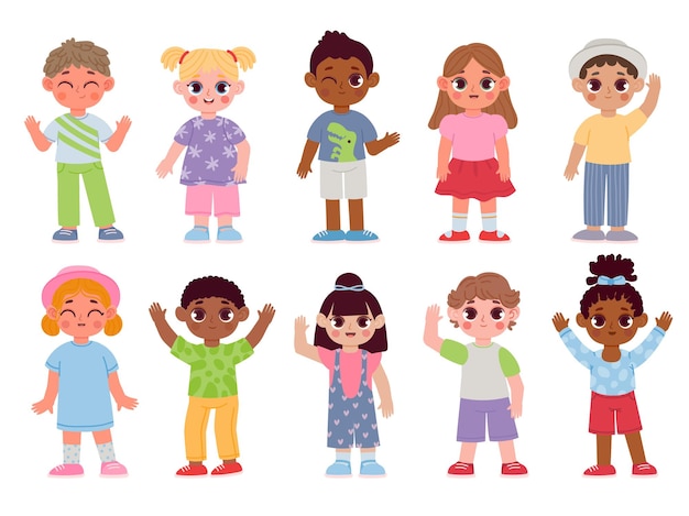 Vecteur joyeux personnages d'enfants divers agitant les mains et saluant. dessin animé enfants garçons et filles avec des gestes d'au revoir ou de bonjour. ensemble de vecteur étudiant plat. les tout-petits à la mode de la maternelle multiculturelle