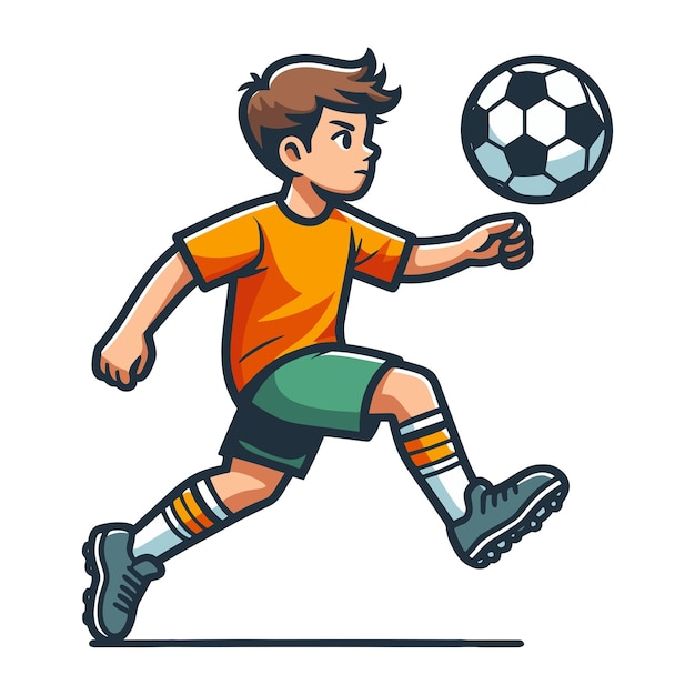 Joyeux Petit Garçon Mignon Jouant Au Football Jeu De Football En Action Illustration Vectorielle De Dessin Animé