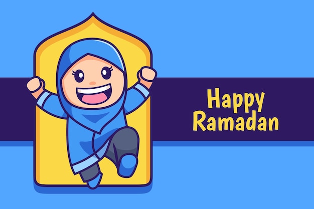 Joyeux Ramadan Dessin Animé Hijab Musulman Fille Saut