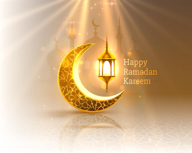 Joyeux Ramadan Kareem Carte De Voeux Avec Croissant De Lune Et Lampes