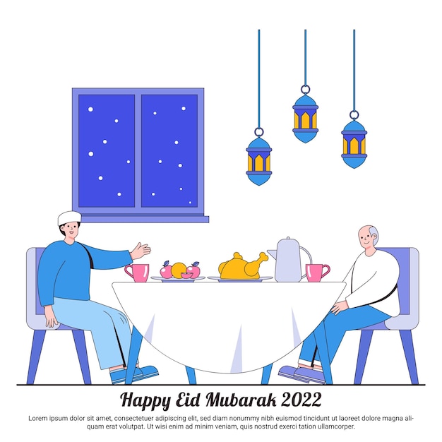 Joyeux Ramadan Mubarak Concepts De Salutation Avec Lanterne D'aliments Et Personnages De La Famille Musulmane Mange Iftar Illustrations Islamiques Eid Fitr Pour Le Modèle De Page De Destination Web Bannière Promotion De La Publicité Sociale