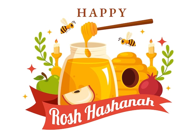 Joyeux Rosh Hashanah Vector Illustration of Jewish New Year Holiday with Honey and Bee in Templates
