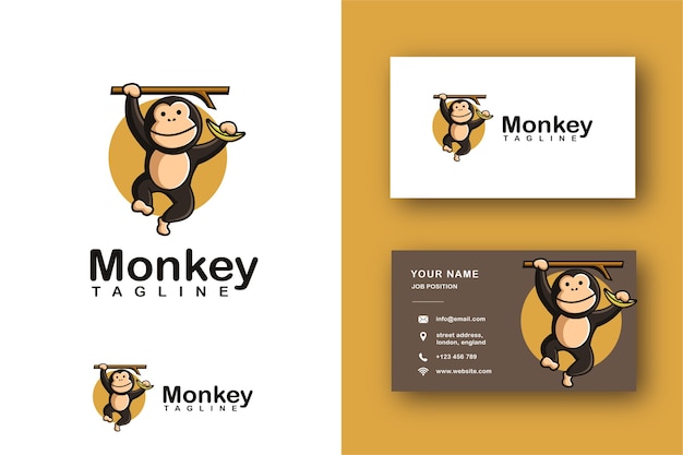 Joyeux Singe Chimpanzé Dessin Animé Mascotte Logo Et Modèle De Carte De Visite