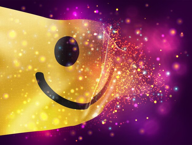 Joyeux sourire jaune vecteur drapeau 3d sur fond violet rose avec éclairage et fusées éclairantes
