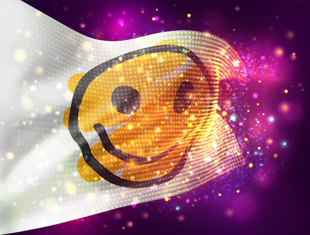 Joyeux sourire jaune vecteur drapeau 3d sur fond violet rose avec éclairage et fusées éclairantes