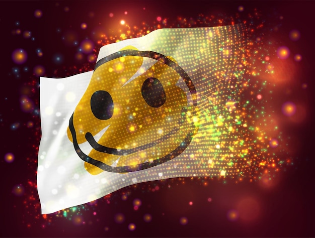 Joyeux sourire jaune vecteur drapeau 3d sur fond violet rose avec éclairage et fusées éclairantes