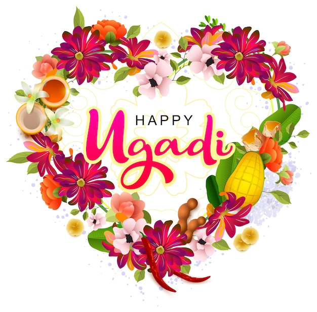 Joyeux texte de carte de voeux de vacances indiennes ugadi en forme de coeur de guirlande de fleurs mala