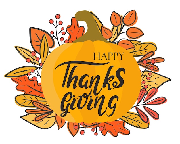 Vecteur joyeux thanksgiving main lettrage carte de voeux illustration vectorielle bannière d'automne avec une inscription