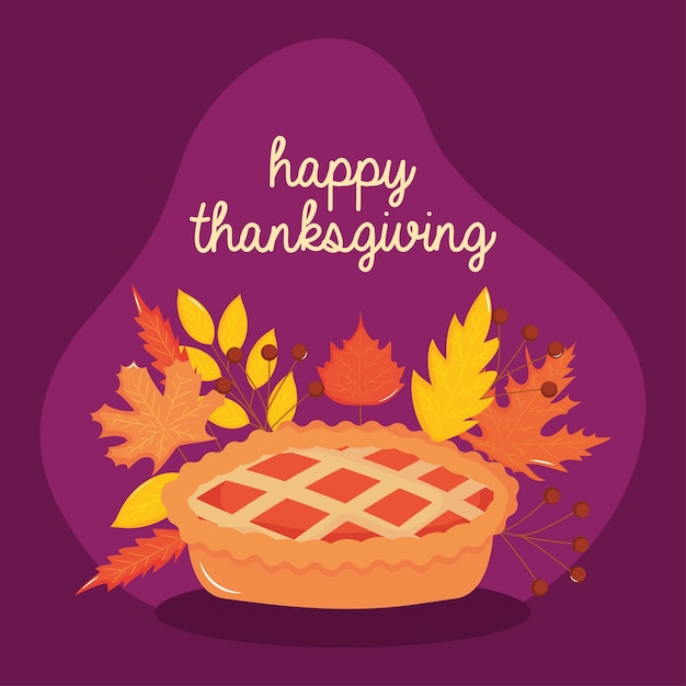Vecteur joyeux thanksgiving avec tarte aux pommes et feuilles sèches autour