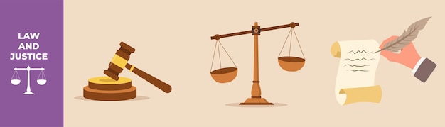 Le Juge Gavel And Soundboard Balance De La Justice Et La Main Avec Un Stylo à Encre écrit Sur Un Vieux Parchemin Law Set Concept Illustrations Vectorielles Plates Isolées