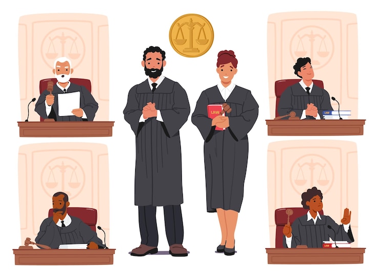Vecteur juges : personnages masculins et féminins au tribunal, autorités juridiques impartiales qui interprètent les lois et rendent la justice