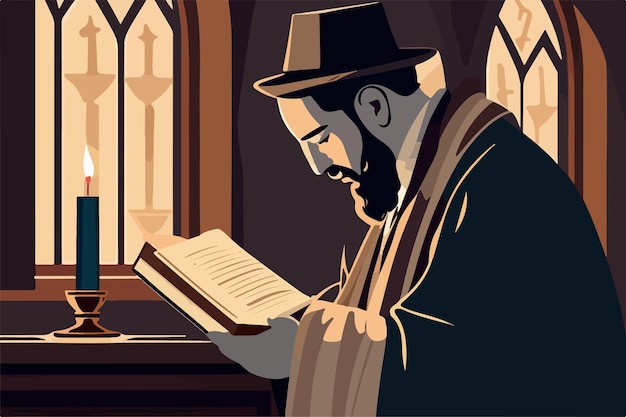 Vecteur juif lisant la religion du judaïsme de la torah dans l'illustration vectorielle des rabbins de la synagogue