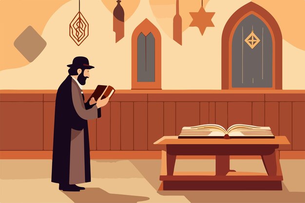 Vecteur juif religieux après avoir assisté à la synagogue lisant l'illustration vectorielle de la torah