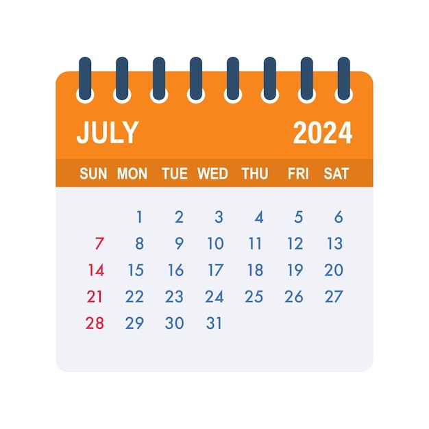 Vecteur juillet 2024 calendrier feuille calendrier 2024 en style plat illustration vectorielle