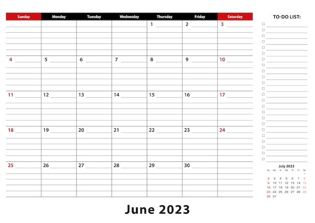 Vecteur juin 2023 mensuel desk pad calendrier semaine commence à partir du dimanche format a3