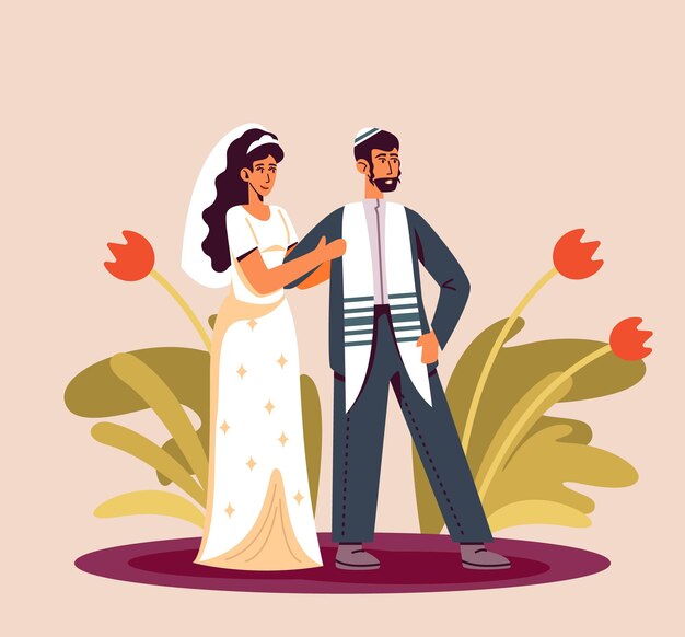 Vecteur et une juive en tenue de mariée se tiennent ensemble concept de mariage juif