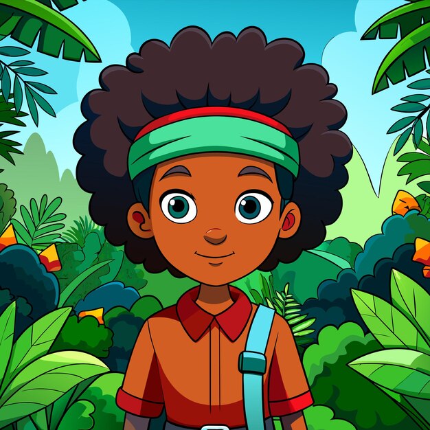 Vecteur jungle adventure fille noire personnage d'animation dessiné à la main mascotte autocollant personnage de dessin animé