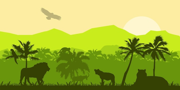 Jungle Forêt Vecteur Silhouette Vert Nature Tropicale Fond Amazone Forêt Tropicale Paysage Panoramique Faune Sauvage Illustration Lion Singe Toucan Perroquet Jungle Silhouette Bannière Eps