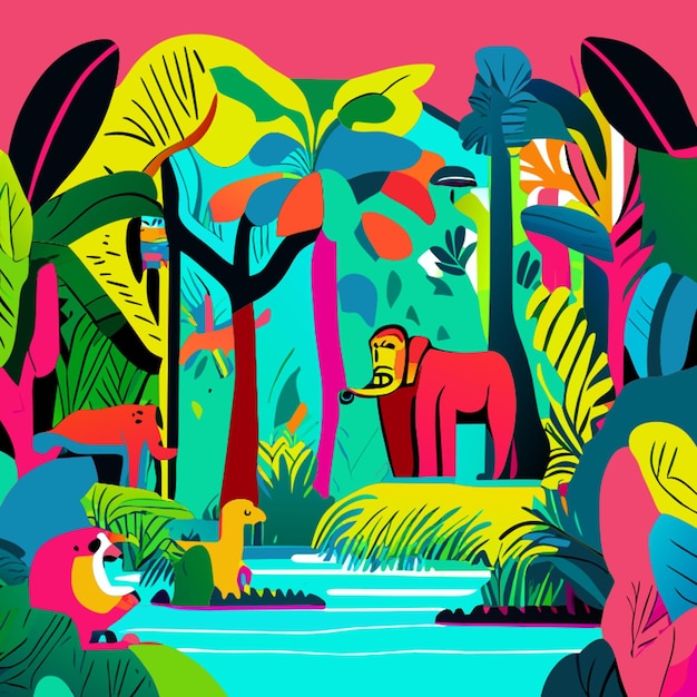 Vecteur jungle grands animaux rivière illustration vectorielle dessin animé