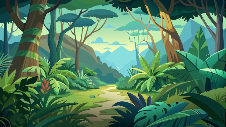 Vecteur une jungle avec une rivière et des montagnes en arrière-plan